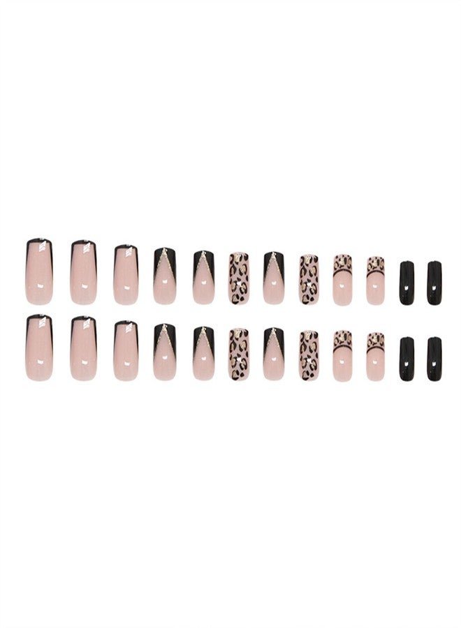 SINHOT Press on Nails - Short Square Fake Nails, Glossy Finish, Black French Tip & Cheetah, DIY Artificial False Nail Art - 24 Pcs Nail Kit with Glue - Image 5
